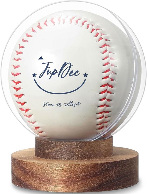 JupDec Baseball Display Case - Round Clear Ball Holder with Wooden Base | Acacia Wood, Brown