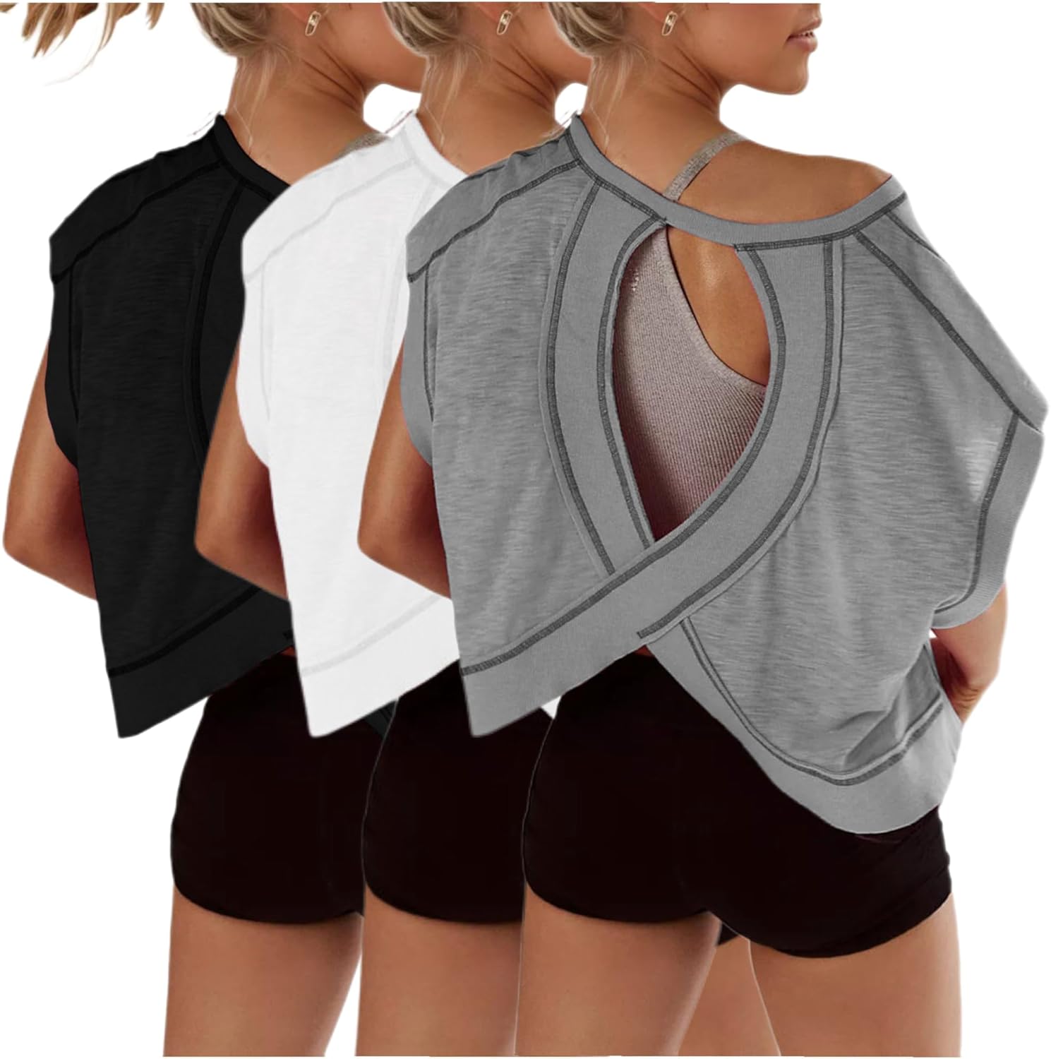 Skiennix Women's 3-Pack Open Back Crop Tops - Casual Short Sleeve Athletic Shirts for Gym & Yoga