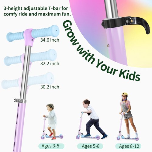 BELEEV Scooters for Kids Ages 3-12 with Light-Up Wheels & Stem & Deck, 2 Wheel Folding Scooter for Girls Boys, 3 Adjustable Height, Non-Slip Pattern Deck, Kick Scooter for Children (Purple)