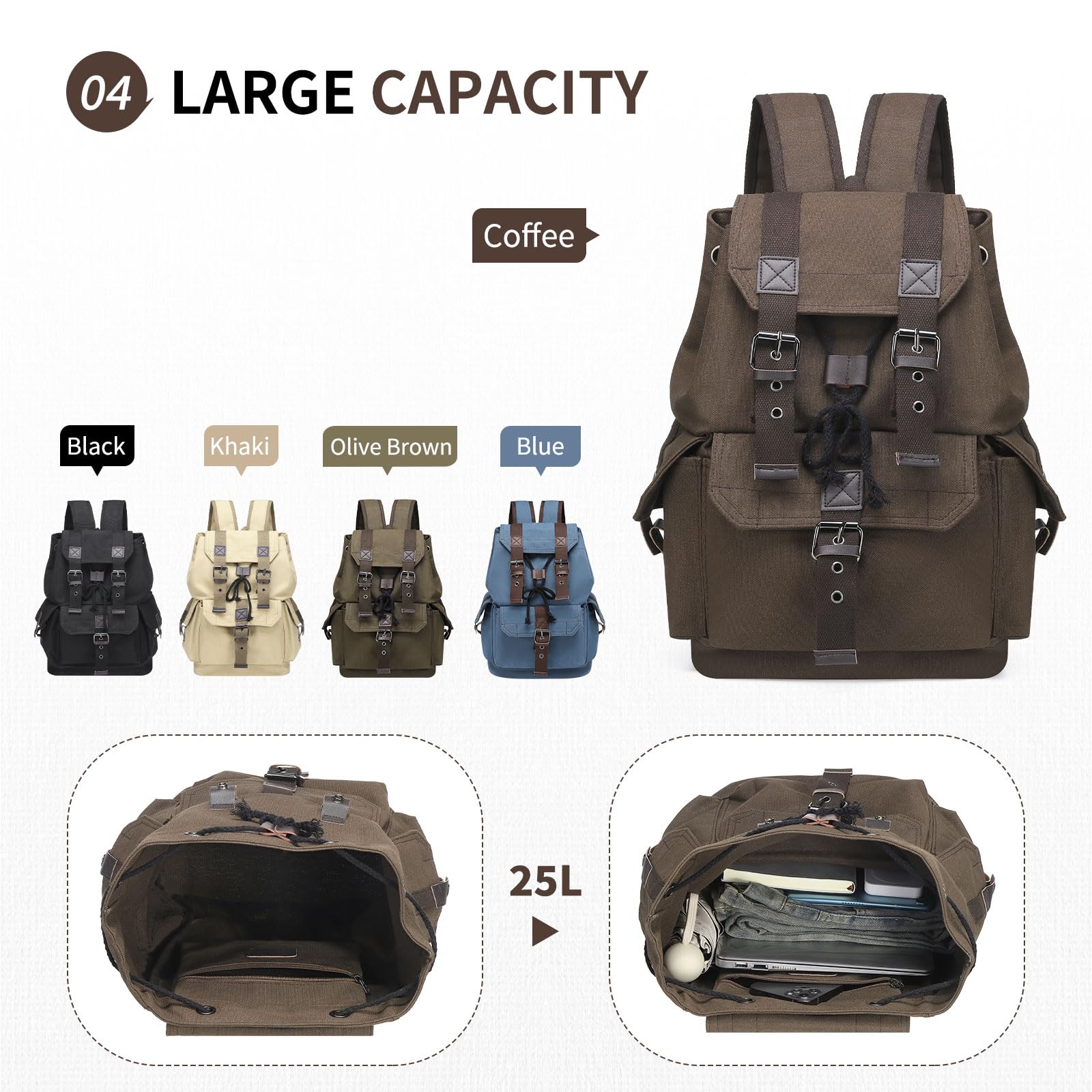 SUIKIHUM Vintage Canvas Backpack for Men Women, Durable Casual Daypack, Large Capacity Travel Rucksack Fits for Hiking and Daily Use (Coffee)