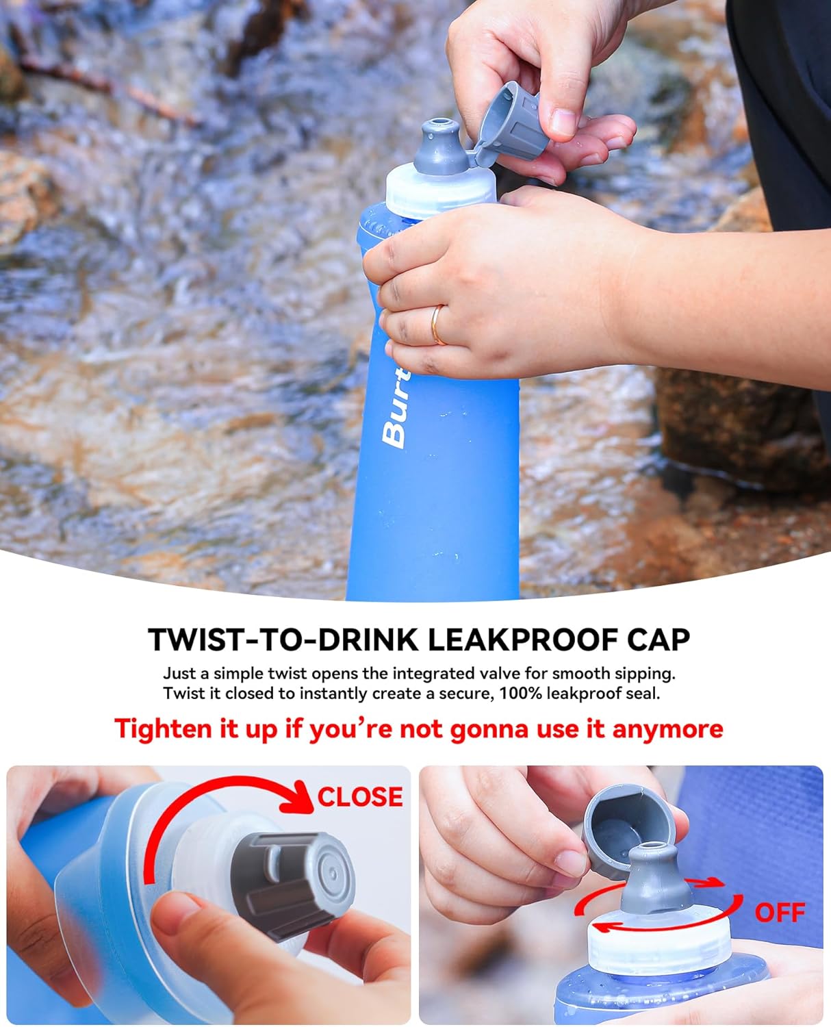 Ultralight Collapsible Water Bottle - 1.0L Leakproof Design | Compatible with 42mm BeFree Filter for Camping & Travel
