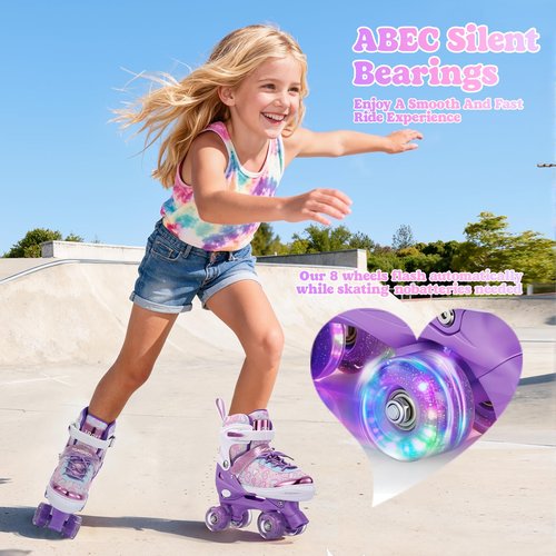 TOMSHOO Kids Roller Skates for Girls Toddlers Youth 4 Sizes Adjustable Quad Skates with Light up Wheels Children Skates for Indoor Outdoor (Heart Purple, Large)
