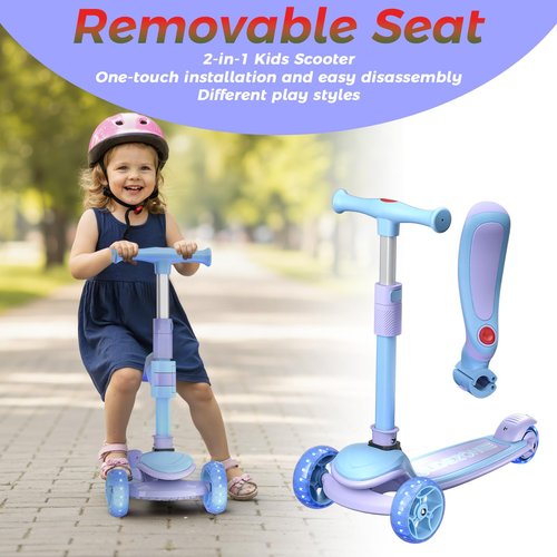 JUNLING Scooter for Kids, 3-Wheel Folding Scooter with Adjustable Height Handlebars, Wide Anti-Slip Deck, Lean-to-Steer, Removable Seat