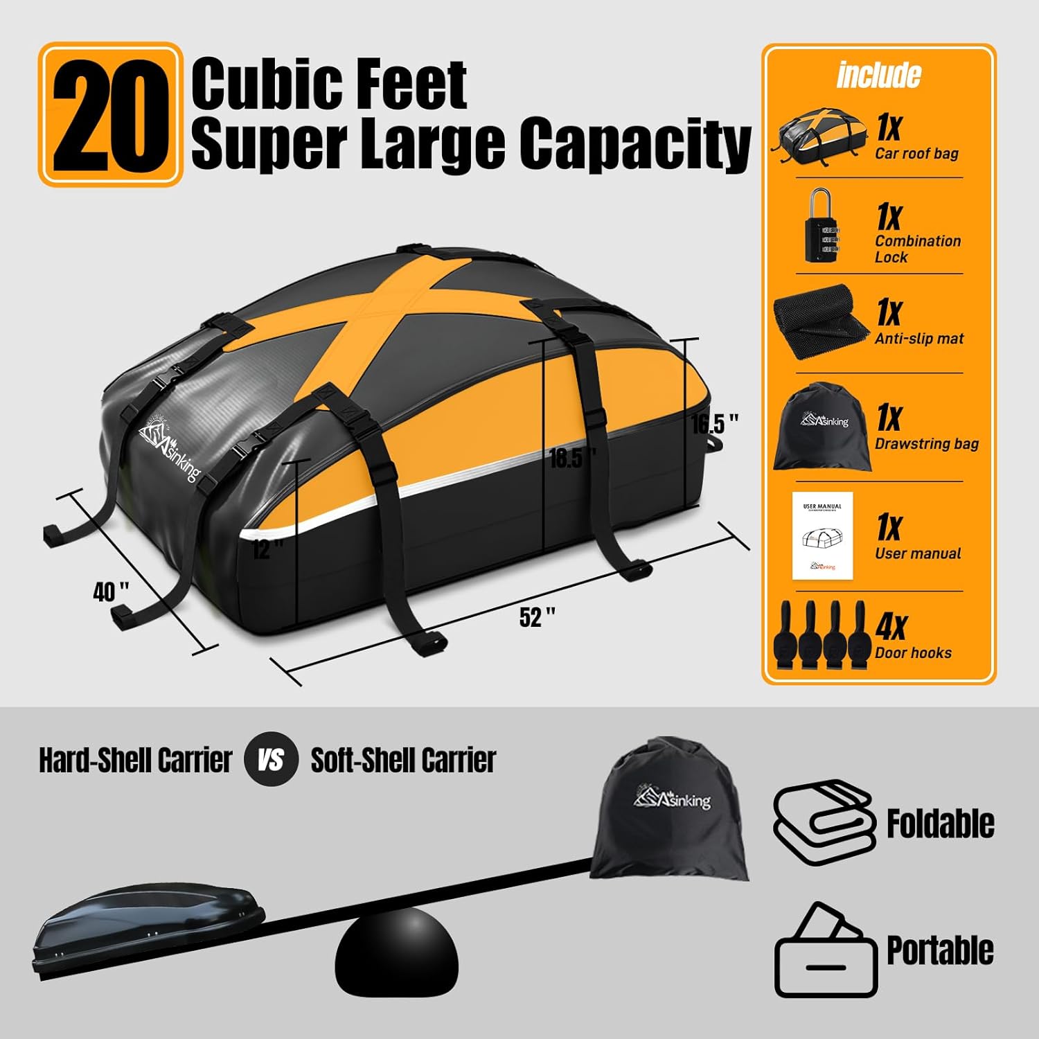 Skiennix Rooftop Cargo Carrier Bag - 100% Waterproof 20 Cubic Feet Luggage Carrier for All Vehicles | Includes Anti-Slip Mat & Storage Bag