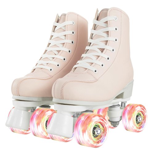 Women's Girls High-top Roller Skates with Light Up Wheels,PU Leather Classic Double-Row Roller Derby Skate for Women Men,Indoor Outdoor, Beginner-Pink White Flash Wheel,38