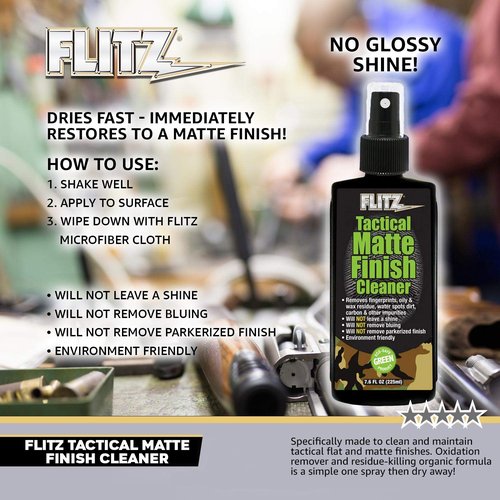 Flitz Tactical Matte Finish Cleaner - 7.6oz Bottle of USA-Made Gun Cleaner Spray to Remove Fingerprints, Oil, & Other Grime - Fast-Drying Cleaning Solution for Gun Wraps & More (1 Pack)