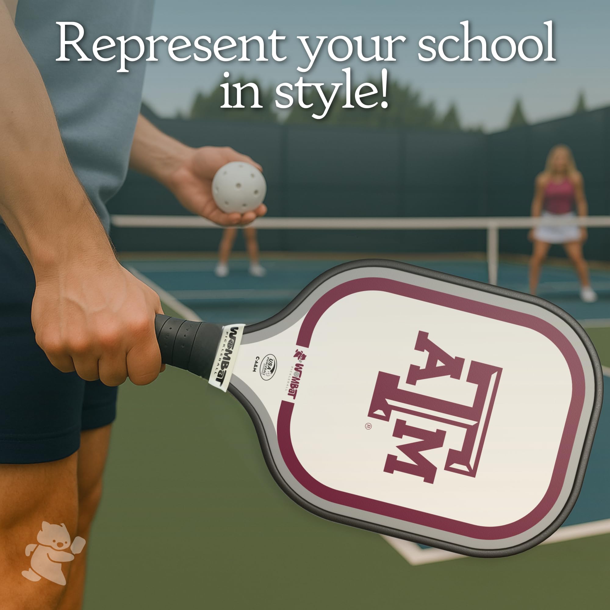 Wombat Pickleball – Texas A&M Pickleball Racquet – Micro-Textured Fiberglass Face, 16mm Honeycomb Core, Cold-Press, 8.8 oz, Reinforced Edge