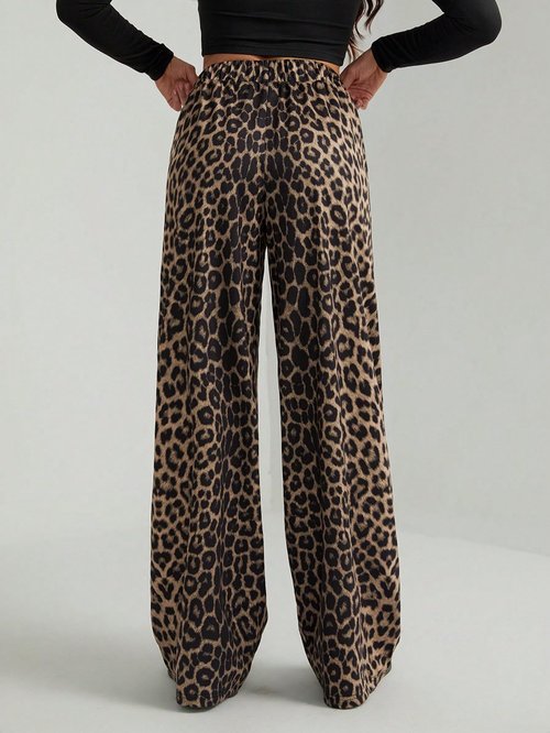 GORGLITTER Women's Leopard Pants Cheetah Print Wide Leg Elastic High Waisted Baggy Sweatpants Brown X-Large