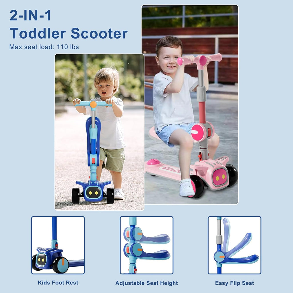 Skiennix 2-in-1 Kids Scooter - Adjustable Height & Seat | Safe 3-Wheel Kick Scooter for Ages 3-8