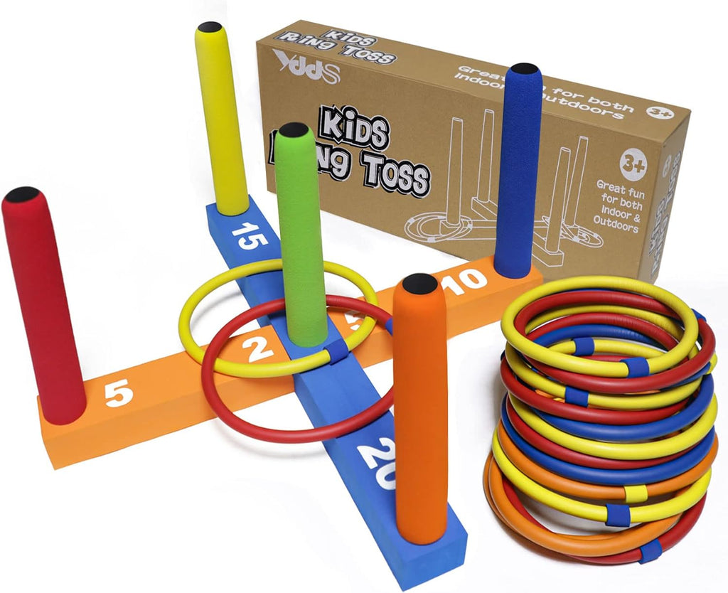 Skiennix Ring Toss Game - Fun Indoor & Outdoor Family Game with 5 Poles, 2 Bases & 16 Colorful Rings