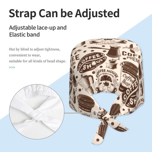 Coffe Working Caps with Sweatband for Men & Women Adjustable Tie Back Hat Nurse Surgical Caps