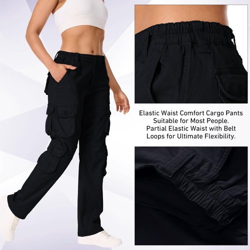 nayjury Womens Cargo Pants Elastic Waisted with Pockets,Women's Military Tactical Casual Work Hiking Pants Trousers(Black-12)