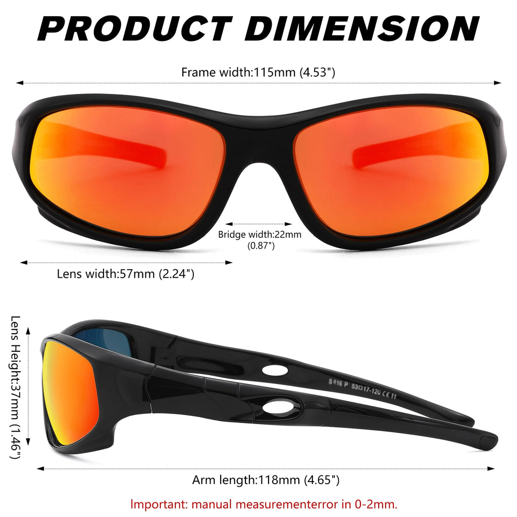 LIU·WEN Kids Sports Polarized Sunglasses - Flexible Youth Baseball Beach Sun Glass With Strap for Boys Girls Age 4-12(Black/Orange Mirrored)