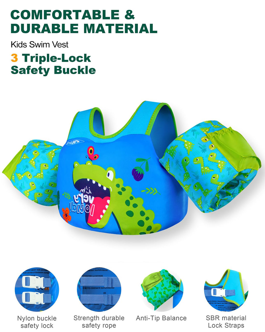 AEOCOO Puddle Float Jumper 30-50-60-70 Pounds, Toddler Swim Vest for 2-3-5-7 Years Old, Pool Floats with Swimming Arm Floaties Swim Jacket for Kids Swimmies, Boys, Girls, Niños, Dinosaur