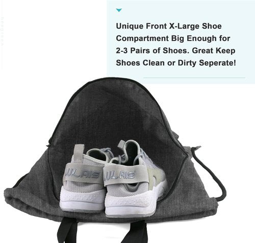 BeeGreen Drawstring Backpack - X-Large Black Gym Bag with Shoe Compartment for Sports