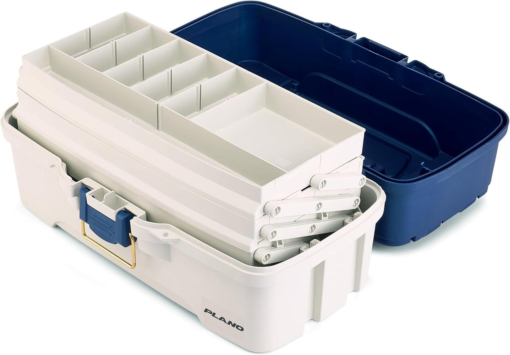 Plano Tackle Box - Three-Tray Design with Rust-Proof Brass Latch | Portable Blue/White Fishing Organizer