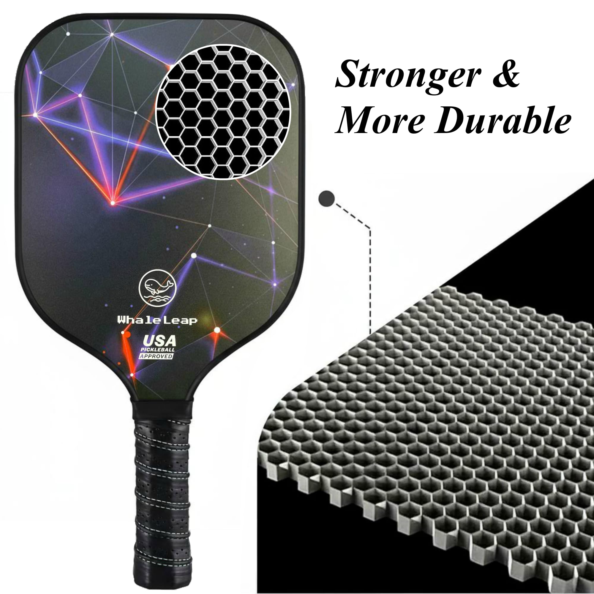 WhaleLeap Pickleball Paddles Set of 2, Fiberglass Face, Includes 4 Balls (2 Indoor & 2 Outdoor), Ergonomic Cushion Grip & Carry Bag - Complete Pickleball Set for Beginners & Adults