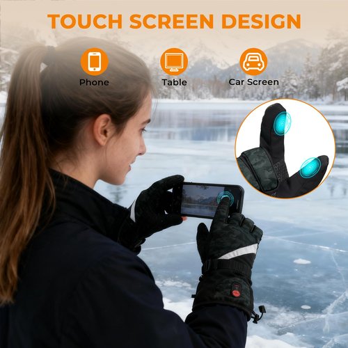 Heated Gloves Camouflage, 7.4V 3200mAh Rechargeable Heated Gloves for Men Women, Waterproof Touchscreen Electric Heating Gloves for Cold Weather Motorcycle Skiing Snowboarding Hiking Hunting Gifts