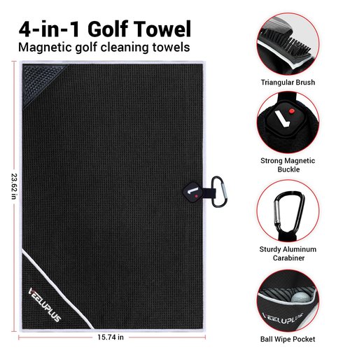 4-in-1 Magnetic Golf Towel with Brush & Cleaning Pocket - Premium Construction Golf Towel- Super Strong Golf Club Cleaner- Microfiber Waffle Design-15.7" X 23.6" Golf Accessories and Gifts for Men
