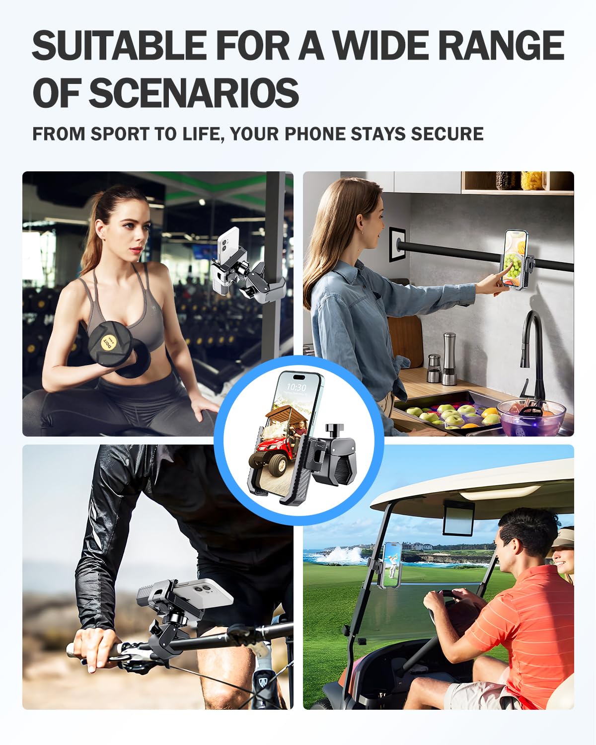 [Upgrade] Golf Cart Phone Mount Holder [Military-Grade Sturdy] with Security Double Lock Compatible with EZGO/Club Car/Yamaha, -360° Rotation with Anti-Scratch Pad [Big Phones & Thick Cases Friendly]