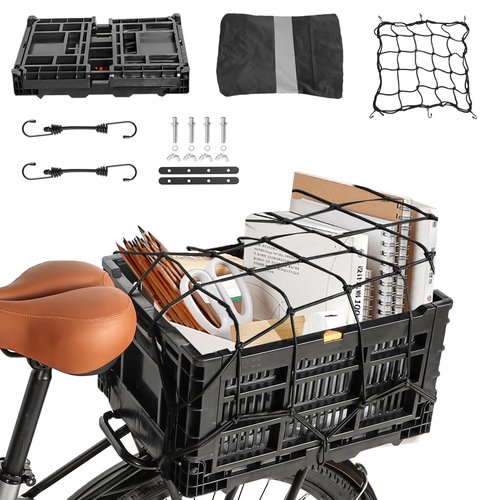 BEEYEO Bike Basket Rear,Foldable Rear Rack Bicycle Basket,Collapsible Bike Baskets with Mesh Pocket Waterproof Cover for Adult Bikes,Milk Crate Bicycle Storage Carry for Pets Fruit Shopping Outings