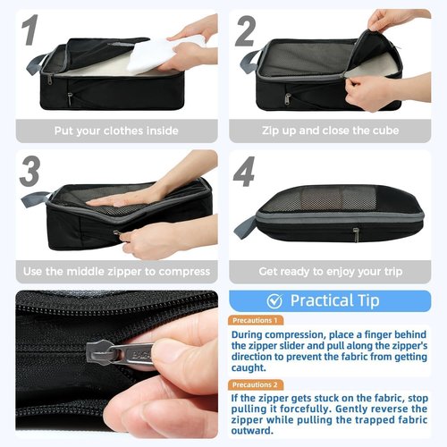 BAGAIL Compression Packing Cubes - Expandable Travel Organizers with Half Mesh Design | 6 Black Sets