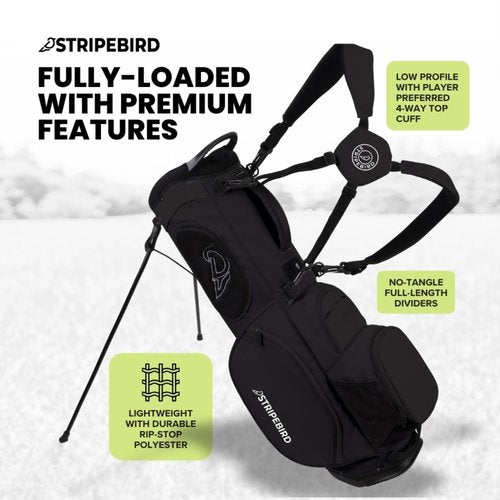 Stripebird Golf Stand Bag with Hub for Magnets (Black) - 4 Way Full-Length Dividers Golf Club Bag - 5 Pockets - Flexfit Rotatable & Adjustable Dual Straps - Rain Hood - Lightweight Golf Bag Stand