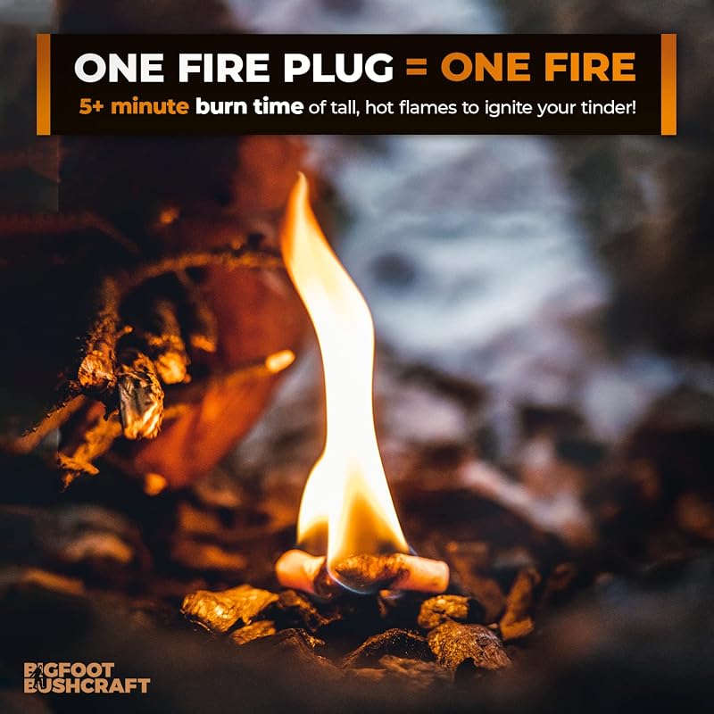 Bigfoot Bushcraft Non-Toxic Waterproof Fire Plugs - 50 Pack, 5+ Minute Burn, USA Made