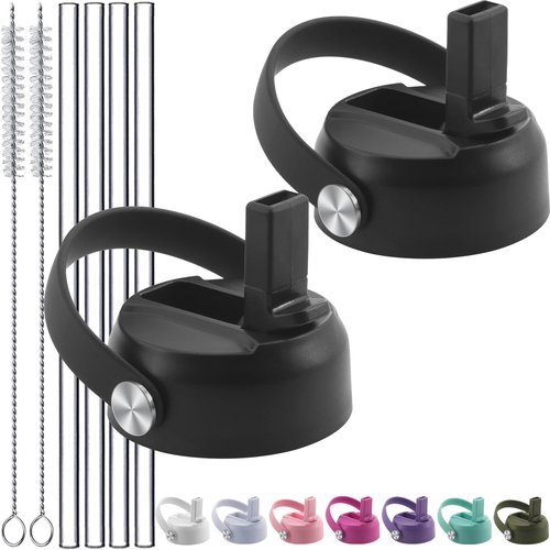 Acemoo Straw Lids for Hydroflask Wide Mouth 32 oz 40 oz, Replacement Leak Proof Straw Cap with Flex Handle, BPA Free Easy Sip Lid for Hydro Flask 16 18 64 oz Bottles - ‎2 Set of Black