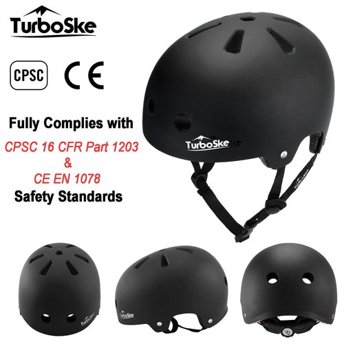 TurboSke Skateboard Helmet, BMX Helmet, Multi-Sport Helmet, Bike Helmet for Kids, Youth, Men, Women (Black, L/XL (22.8"-24"))