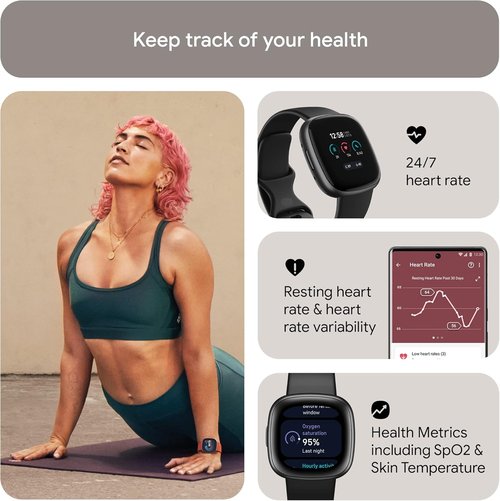 Fitbit Versa 4 Fitness Smartwatch - Daily Readiness, GPS, 24/7 Heart Rate, Black/Graphite, One Size (S & L Bands Included)