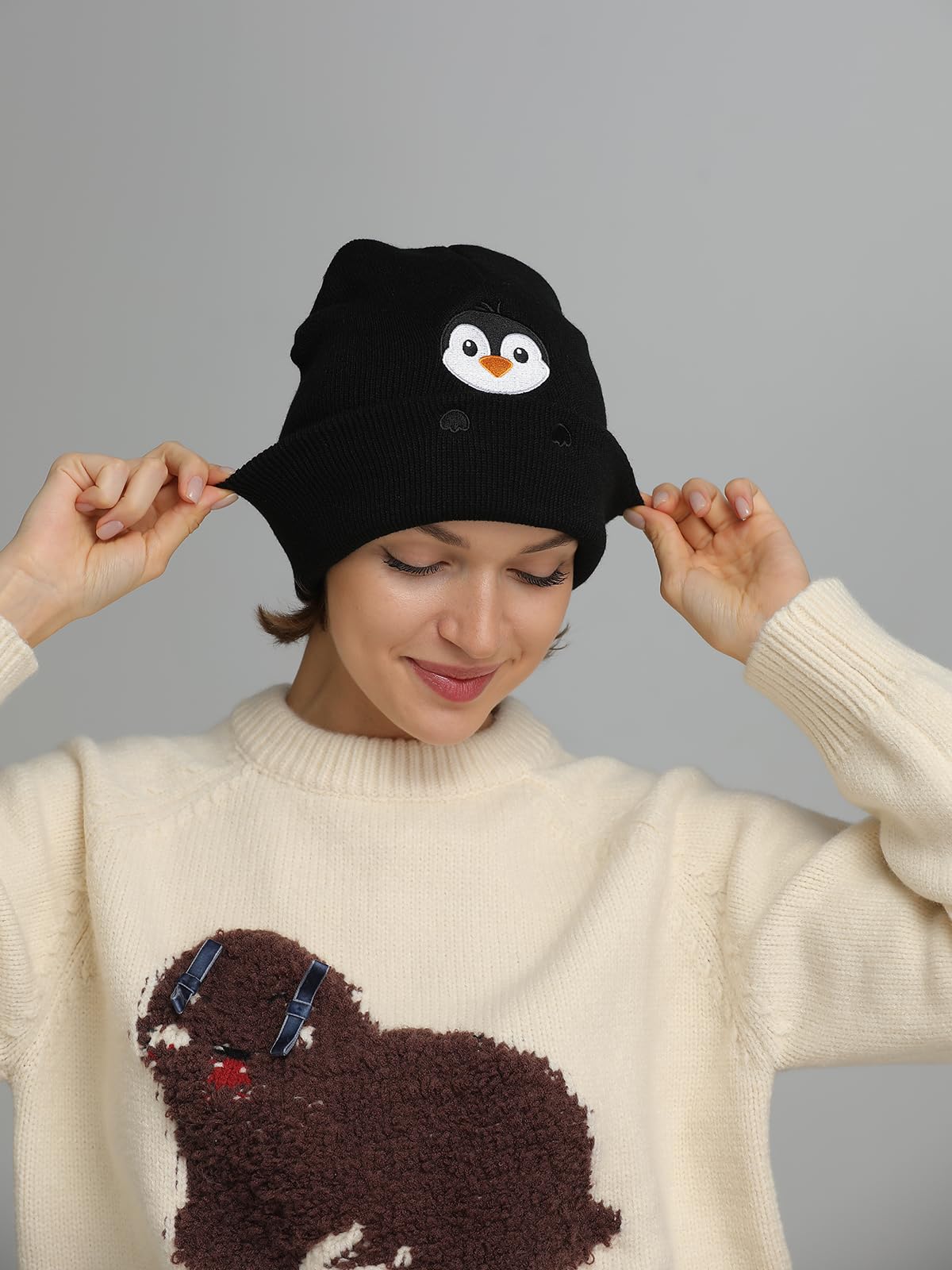 Penguin Gifts Beanie Hat for Women Men Penguin Lovers Funny Embroidered Cute Animal Knit Birthday Christmas Stocking Stuffers Decorations Gifts Stuff Decor Accessories Black