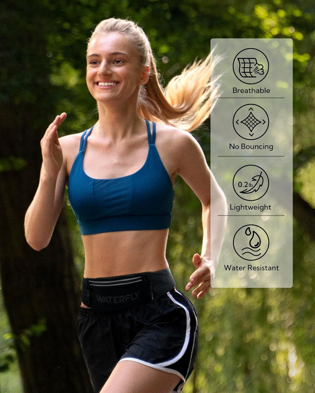 WATERFLY Running Belt - Breathable Fanny Pack with 3 Pockets for Fitness | Fits All Phones - Black