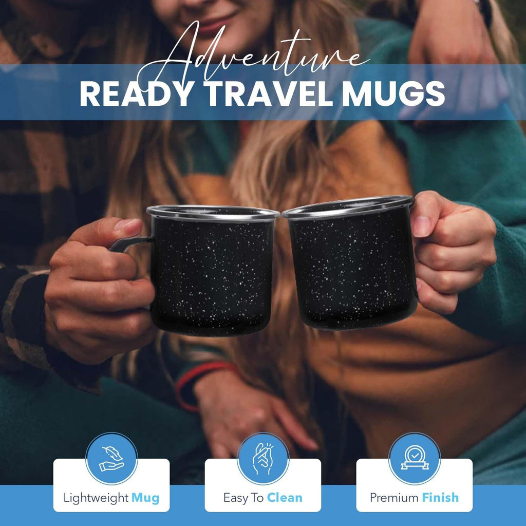 Toughty Enamel Camping Mug – Retro Vintage Campfire Tin Cup, Rustic Backpacking Mug for Hiking, Coffee, Farmhouse, Diner, Hot Drinks, Tinware, and Backpacking Gear – Set of 4 – Black – 16 Oz