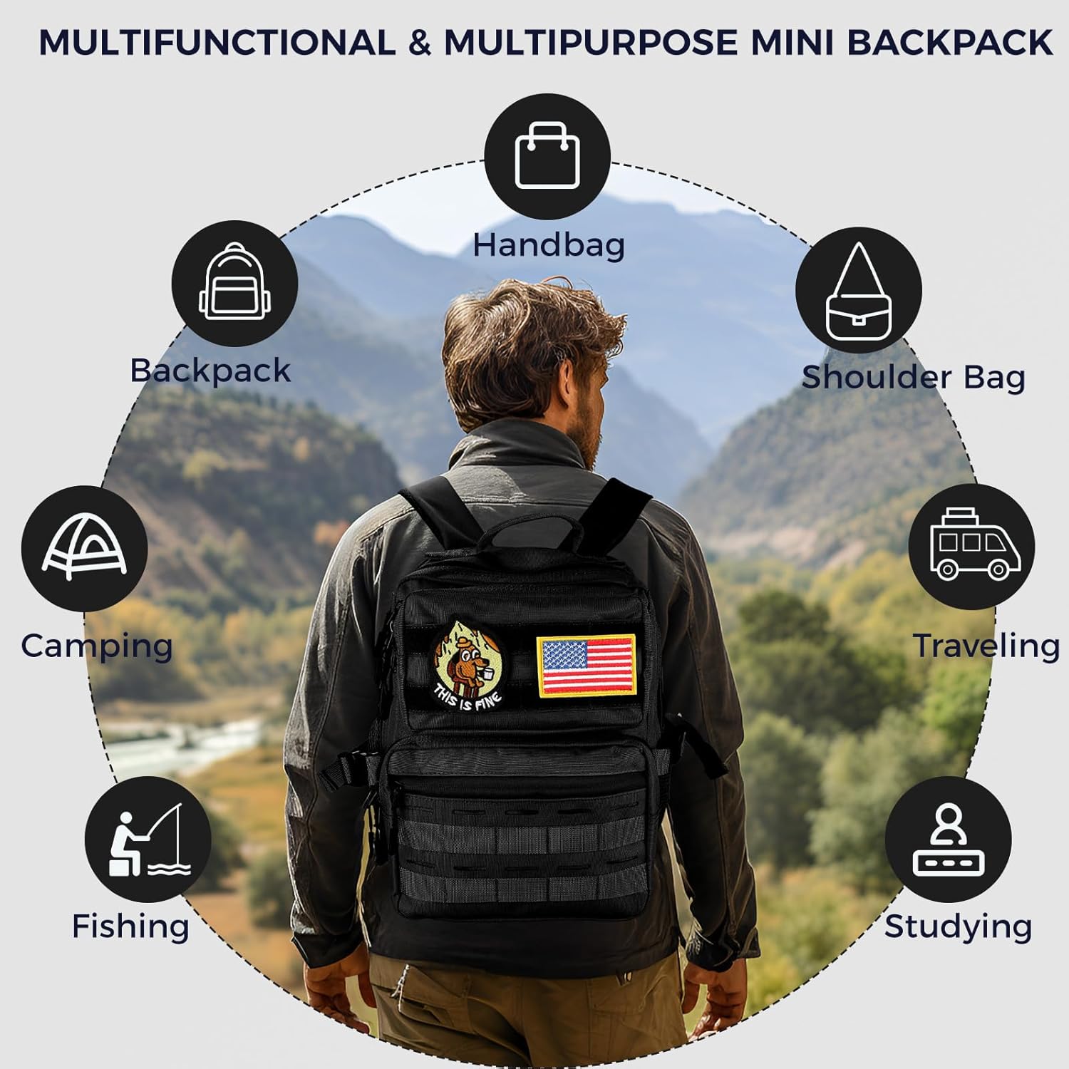 Skiennix 9L Mini Tactical Backpack - Small Military Gym Bag for Men & Women | Black Molle Daypack
