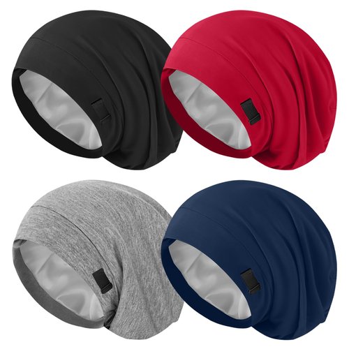 4Pcs Silk Satin Lined Sleep Cap Bonnets for Women Men, Adjustable Satin Bonnet for Sleeping Hair Wrap Slouchy Beanie Hat for Curly Hair and Braids
