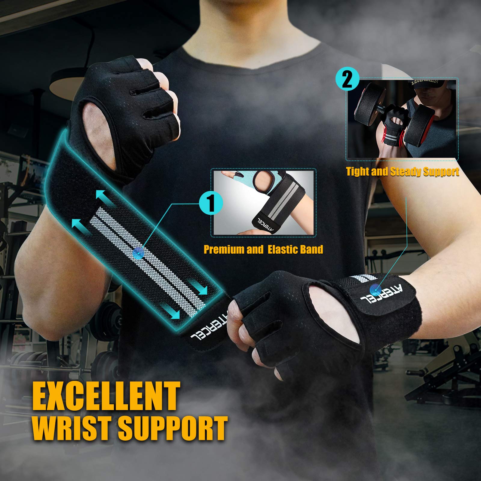 ATERCEL Weight Lifting Gloves Breathable Workout Gloves with Wrist Support for Gym, Exercise, Pull Ups, Super Lightweight for Men and Women, Full Palm Protection, Black, L