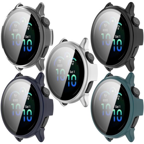 Compatible with Garmin Vivoactive 6 Case, All-Around PC Cover + HD Tempered Glass Screen Protector for Garmin Vivoactive6 Smart Watch Accessories (Clear+Black+Blue+Silver+Green)