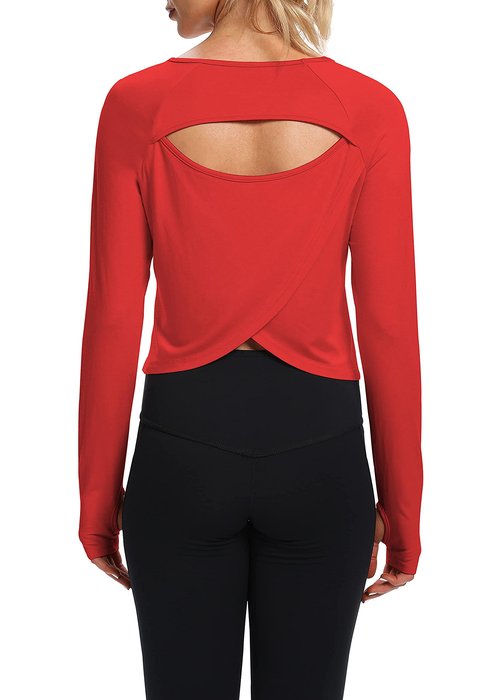 Bestisun Womens Athletic Long Sleeve Shirts Backless Workout Yoga Crop Tops Sports Dance Clothes Red XL