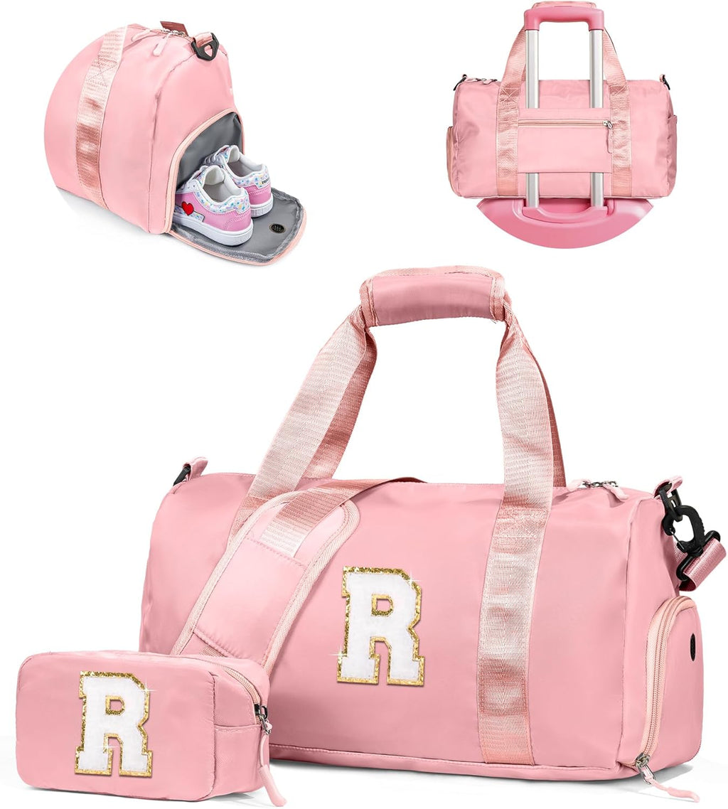 Skiennix Girl Gym Bag - Personalized Weekender Tote with Shoe Compartment & Makeup Pouch | Ideal Gift for Ages 4-10 (Letter R)