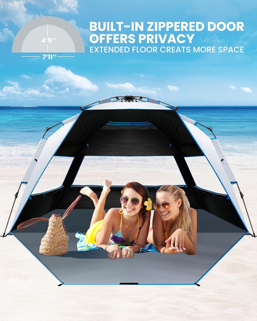 OutdoorMaster Beach Tent - Portable 4-Person Sun Shade with Blackout Technology & UPF 50+ Protection