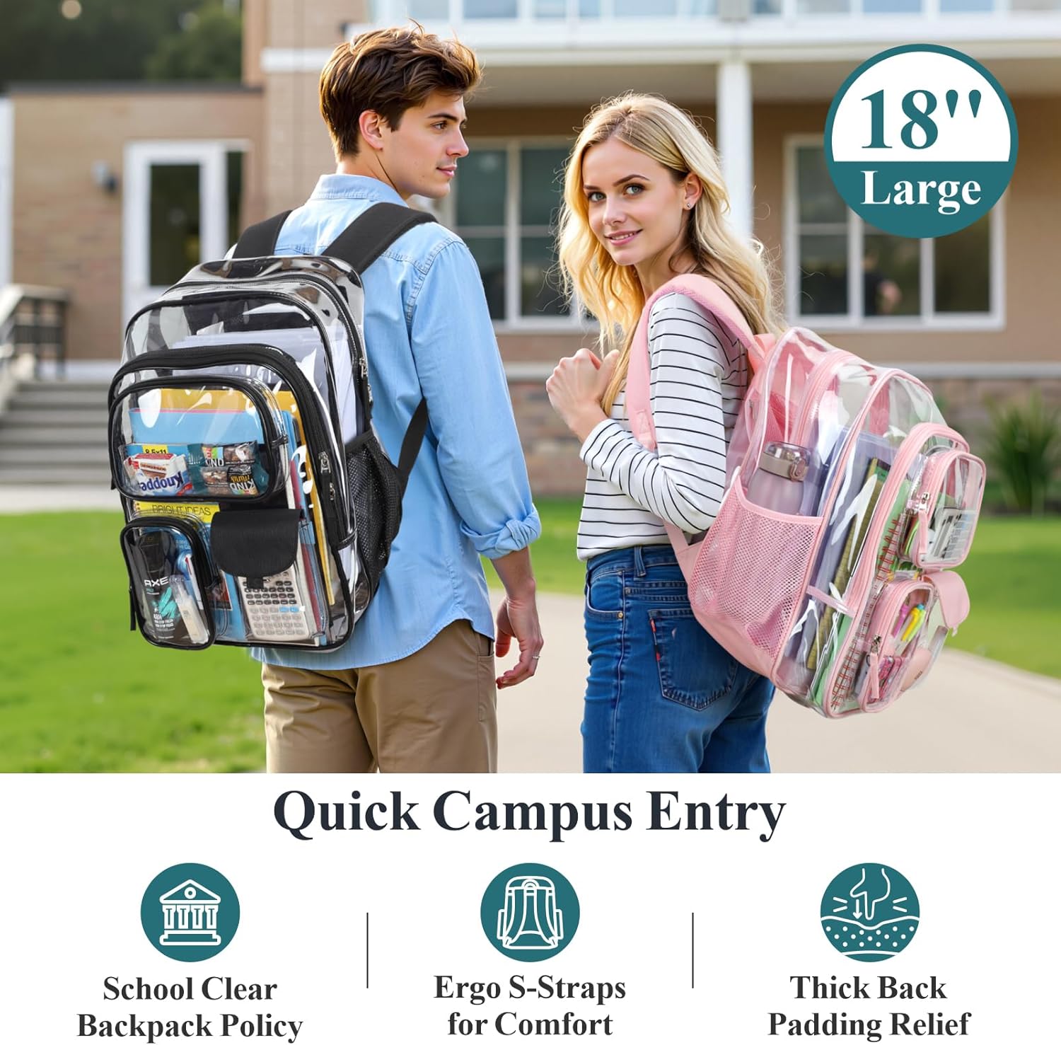 PACKISM Clear Backpack - 18 Inch Heavy Duty Transparent School Bag with 3 Front Pockets, Black