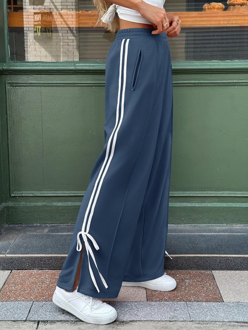 Fisoew Women's Wide Leg Sweatpants - High Waisted, Side Slit, Striped Lounge Pants with Pockets