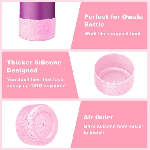 2PCS Silicone Water Bottle Boot for Owala 40oz, Protective Bottom Bumper Anti-Slip Sleeve for FreeSip, Twist, and Flip Stainless Steel Bottles, Dishwasher Safe and BPA Free(Shiny Pink)