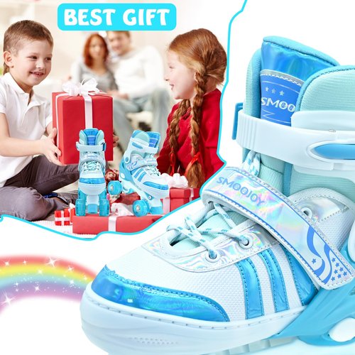 SMOOJOY Roller Skates for Girls Kids Boys,4 Size Adjustable Indoor Outdoor Blue Quad Rollerskates with Light up Wheels for Beginners Ages 6-12