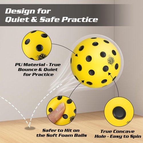 Amoswiz Silent Pickleball Balls, 6 Pack of Quiet Foam Pickle Ball for Indoor & Outdoor Pickleball Practice, Noise Reducing Soft Practice Balls with 40 Simulated Concave Holes