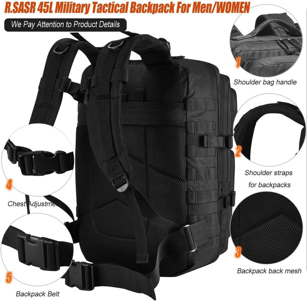 Skiennix 45L Tactical Backpack - Military Assault Pack with MOLLE | Large 3-Day Bug Out Bag for Hiking & Camping