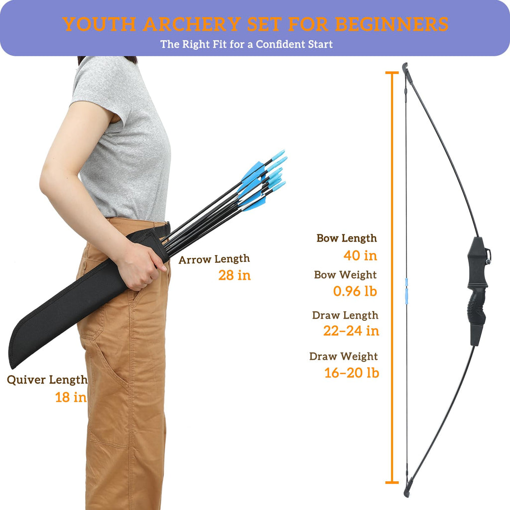 Procener 40" Bow and 28" Arrow Set for Kids, Archery Beginner Gift with 9 Arrows 2 Target Face, 1 Arm Guard and 1 Quiver, 18 Lb Recurve Bow Kit for Teen Outdoor Sports Game Hunting Toy (Black)