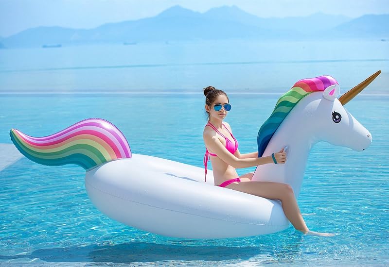 Large Inflatable Unicorn Pool Float with Fast Valves – 114°in x 55°in x 47°in, 2-Person Ride-On