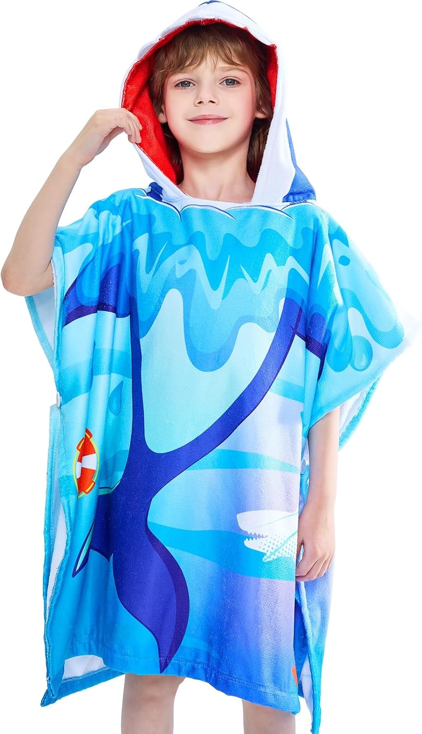 WERNNSAI Shark Kids Beach Towel - Hooded Towel Wrap 27"" x 27"" Kids Hooded Poncho Sand Free Beach Towel for Girls Bath Pool Quick Dry Soft Kids Bath Towel for Travel Shower Swim, Large